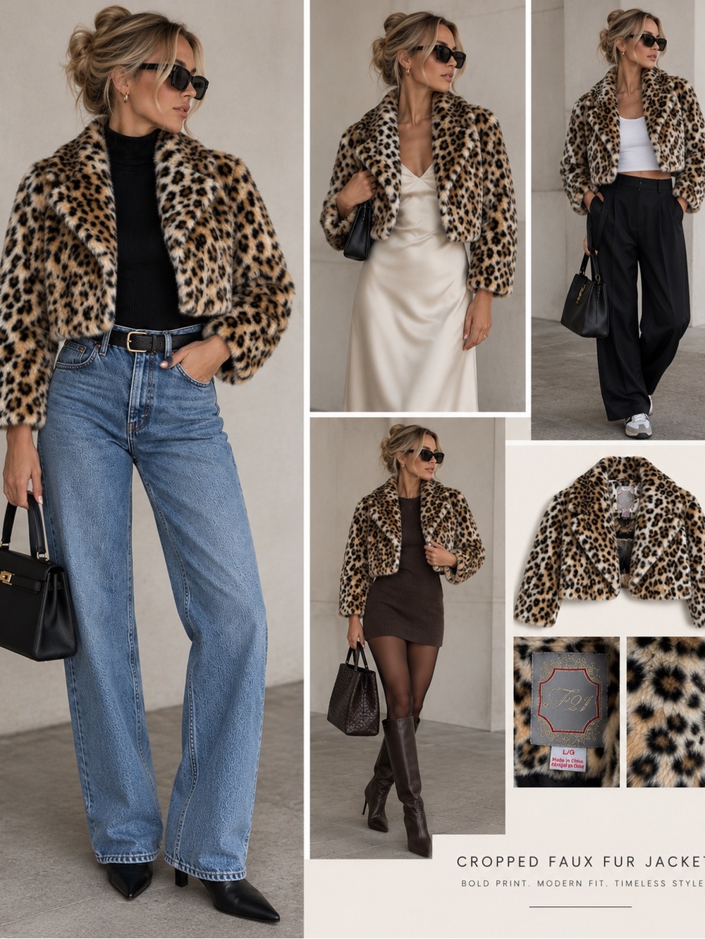 Forever 21 Leopard Faux Fur Cropped Jacket Y2K Animal Print Size L